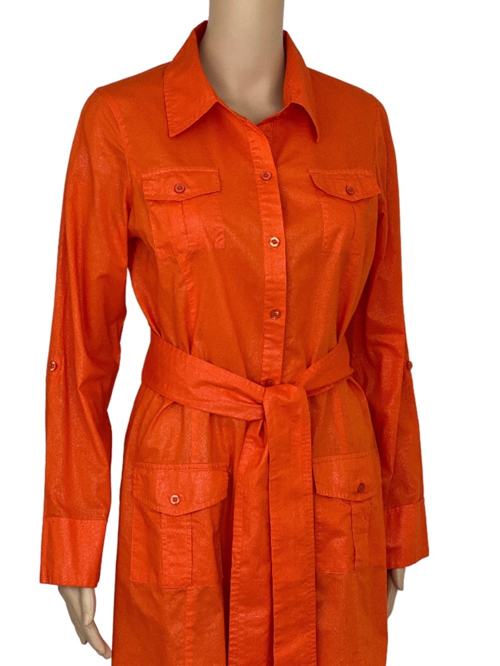 Vertigo Paris Orange Metallic Shirt Dress 100% Cotton Belted Safari Size M